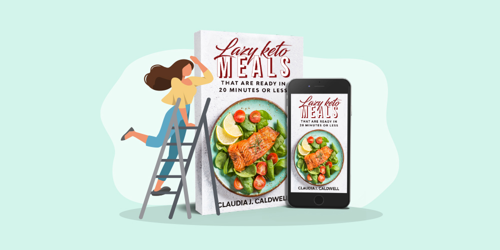 lazy keto meals thumbnail, woman standing on a ladder, she looks at ebook and hard cover