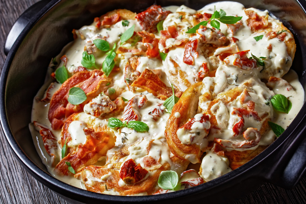 Creamy Tuscan "Marry Me" Chicken in a pan topped with baby spinach leaves