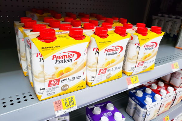 A photo of a grocery store display featuring Premier Protein products.