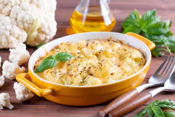 The Best Low Carb Shepherd's Pie Recipe that Will Blow Your Mind 7 A serving dish dish filled with baked cauliflower.