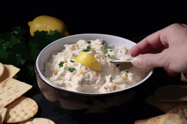 A photo of a black bowl filled with a chilled crab dip with a hand dipping chips.