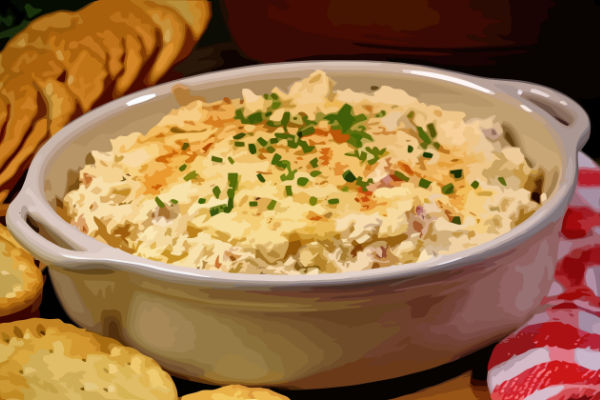 A close-up photo of a serving pan filled with creamy crab dip.