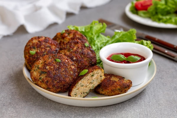 A plate of meatballs served with lettuce and a side of tomato sauce