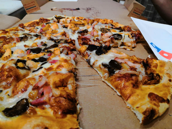 Domino's Pizza with salami mushroom toppings