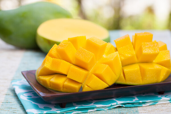 Ripe green mangoes sliced and cubed