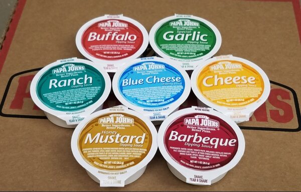 Dipping sauce options at Papa Johns include buffalo, garlic, ranch, blue cheese, cheese, honey mustard, and barbeque