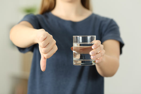 A photo featuring a glass of water and a thumbs-down gesture, representing the concept of choosing not to drink water.