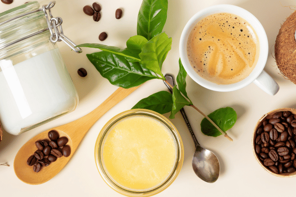 Ingredients for Paleo and Ketogenic Bulletproof Coffee, a popular breakfast drink in both Paleo and Keto diets, typically including coffee, grass-fed butter, and MCT oil for a nourishing and energy-boosting beverage.