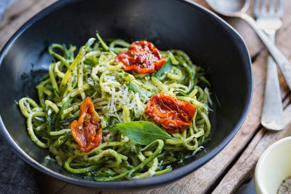 Keto Pasta Recipe Revolution: Goodbye High-Carb Cravings! 7 Zoodles in pesto sauce with tomatoes
