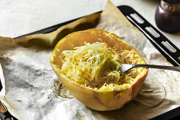Keto Pasta Recipe Revolution: Goodbye High-Carb Cravings! 8 One half of spaghetti squash roasted and scraped to make keto pasta recipe