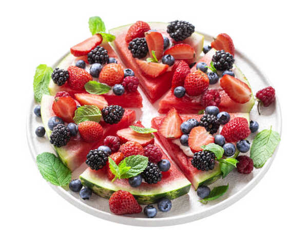 Irresistible Watermelon Pizza: A Sweet Twist on Tradition 3 Watermelon slices topped with berries and mint