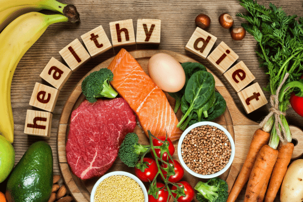 A healthy diet with all fruits, vegetables, and meat.