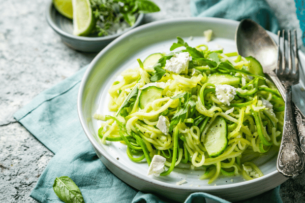Is Squash Keto: Carbs, Varieties, and Recipes Explained 9 Zucchini Noodles with Cucumber, Feta Cheese, and Arugula.