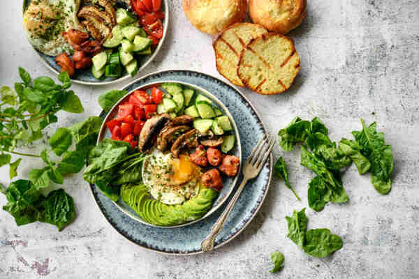 Eggs, avocados, low-carb veggies, and toast for keto breakfast ideas