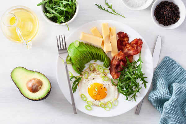Typical keto breakfast ideas with egg, bacon, avocado, and cheese