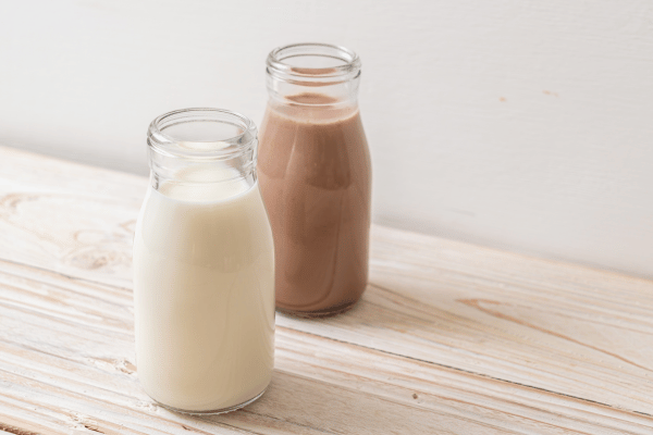 Chocolate Milk and Fresh Milk in Bottle.