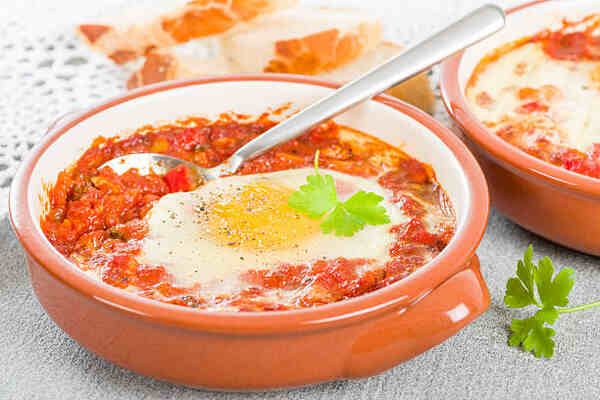 Flamenco-style eggs in casserole dishes