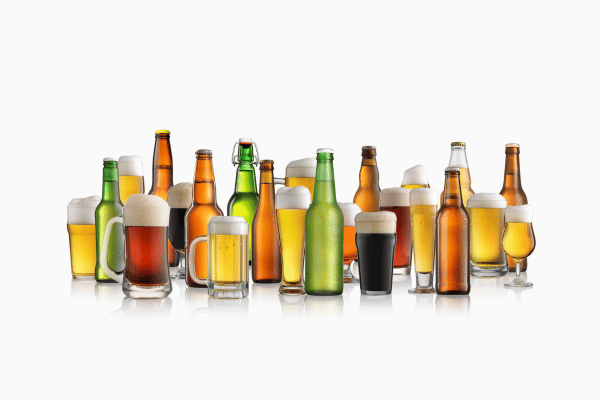 Set of Different Beers in Bottles and Glasses.