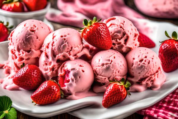 A plate of creamy strawberry ice cream scoops garnished with fresh whole strawberries on a rustic wooden table