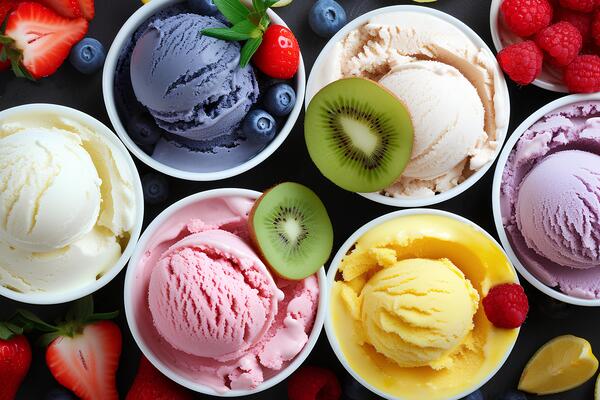 Ice cream scoops in various flavors, including blueberry, kiwi, strawberry, vanilla, and lemon, served in white bowls and garnished with fresh fruits