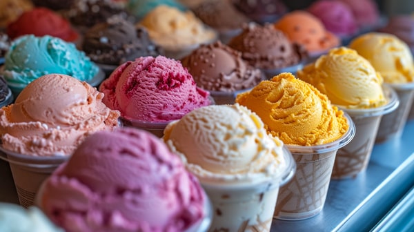 Ice cream scoops in multiple fruity flavors displayed in waffle cones on a counter