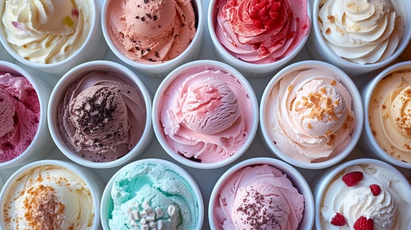 Different flavors of ice cream, including chocolate, strawberry, vanilla, and mint, presented in white cups and topped with chocolate chips, berries, and cookie crumbs