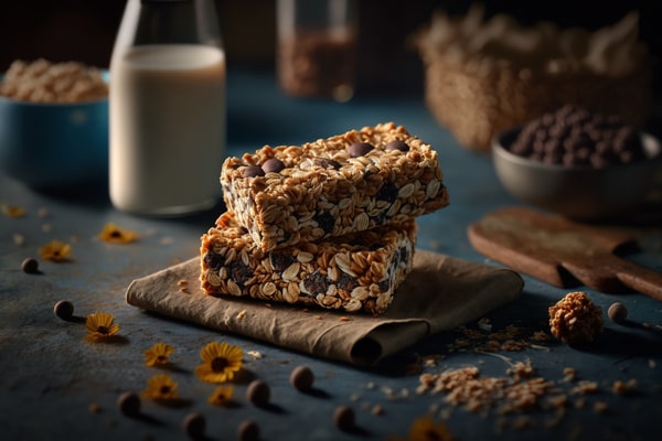 Quest Bars Keto: Your Go-to Snack for Weight Loss 3 Two homemade granola bars stacked on a cloth napkin, surrounded by small flowers and chocolate chips, with a bottle of milk