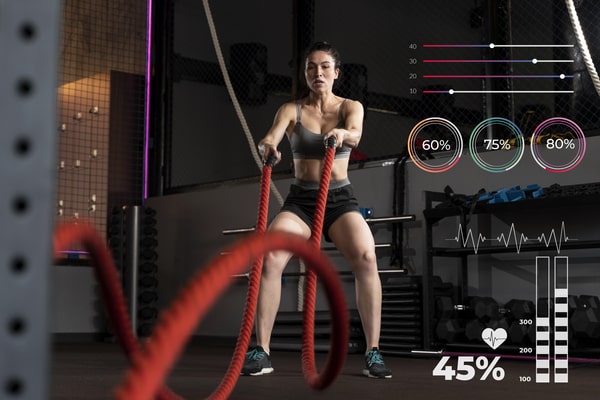 Signs of Gaining Muscle and Losing Fat: Quick and Easy Tips 6 A woman exercising with battle ropes in a gym, surrounded by digital health stats displaying heart rate, intensity levels, and performance metrics