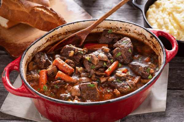 Beef Stew Calories Made Easy: Tips for a Yummy Meal 5 Beef stew calories: Beef bourguignon in a red pot.