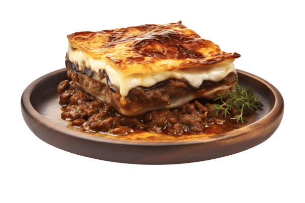 How to Make Keto Moussaka: A Step-by-Step Guide 6 Slice of keto moussaka topped with melted cheese, beautifully presented on a rustic wooden plate.