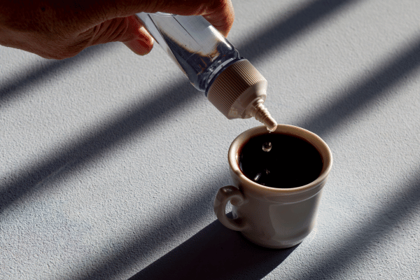 Pyure Keto Recipes: How to Satisfy Your Sweet Tooth 3 A person is gently squeezing a bottle of liquid sweetener into their steaming cup of coffee.