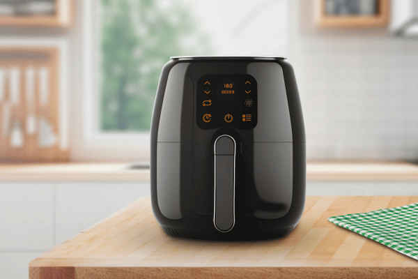 Cooking Dino Nuggets Air Fryer: Fun Variations and Tips 5 A sleek, black air fryer sits elegantly on a wooden table, adding a touch of modern style to the kitchen setting.