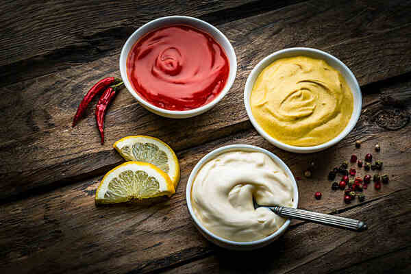 Easy Cheeseburger Salad Recipe for Quick, Tasty Meals 8 Ketchup, mustard, and mayo in separate bowls with lemon slices, black pepper, and red chilis