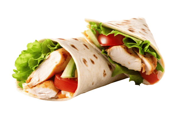 Easy Turkey Wrap Recipe for a Healthy Lunch in Minutes 5 A chicken wrap filled with fresh ingredients like juicy tomatoes, crisp cucumbers, and crunchy lettuce, isolated on a clean background.