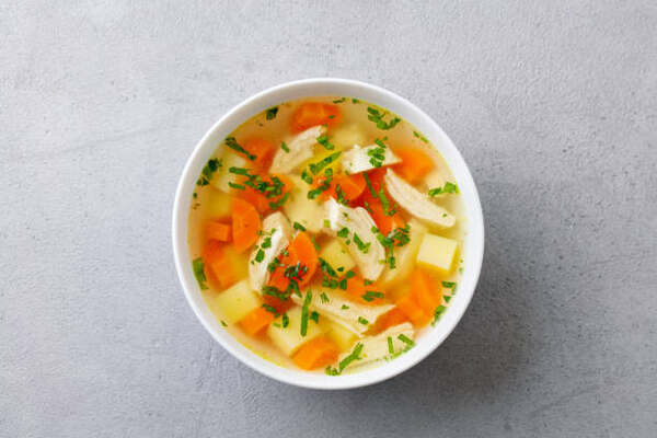 Hearty Keto Chicken Soup: Perfect Low-Carb Comfort Food 2 Chicken soup with vegetables in a white bowl