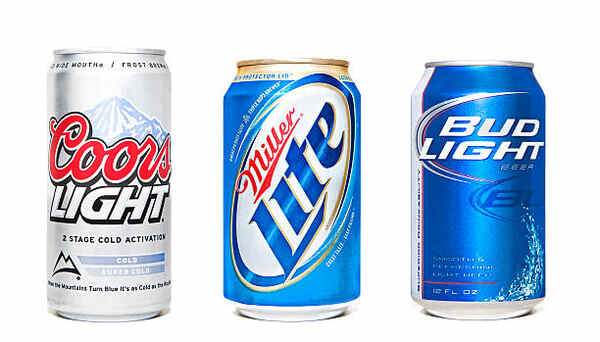Light beers in cans including Miller Lite, Coors Light, and Bud Light