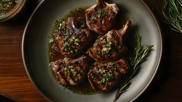 Baked Lamb Chops in 3 Easy Steps (With Pro Tips) 9 Baked lamb chops topped with chimichurri sauce served on a plate with a sprig of rosemary