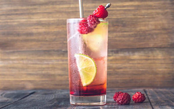 9 Easy Keto Alcohol Drinks for Summer Parties 5 Glass of raspberry lime rickey cocktail garnished with fresh berries