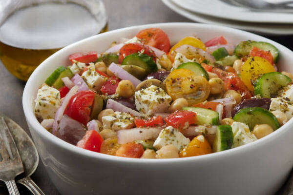 Easy Keto Cucumber Tomato Salad for Fresh Summer Flavor 7 Greek-style salad with feta, cherry tomatoes, cucumber, olives, and onions