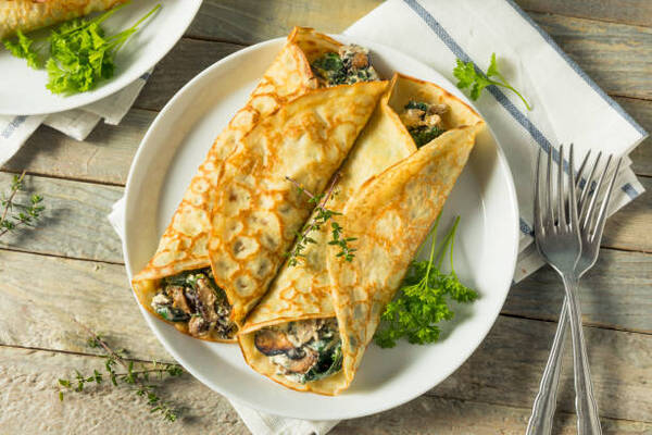 Easy Low-Carb Crepes Recipe with Just 4 Ingredients 9 Savory homemade mushroom and spinach crepes with cheese