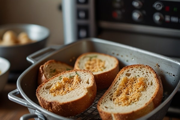Frozen Garlic Bread in Air Fryer: Ready in 5 Minutes! 2 Slices of garlic bread topped with cheese, placed in an air fryer basket