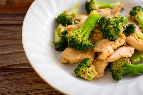 21 Keto Chinese Recipes: Enjoy Takeout Without the Carbs 4 A close-up, top-down view of a white plate filled with chicken and broccoli on a wooden table.