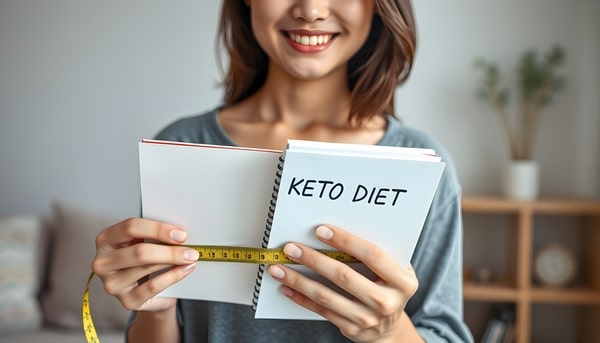 How Do You Start the Keto Diet? 5 Steps for Beginners 7 A smiling woman holds a notebook labeled "Keto Diet" with a measuring tape in her hands