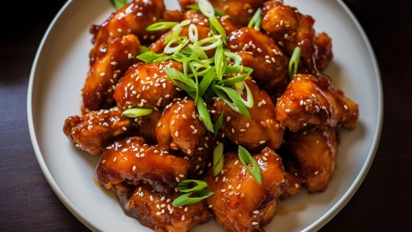 21 Keto Chinese Recipes: Enjoy Takeout Without the Carbs 8 A plate of glossy chicken, topped with sesame seeds and chopped scallions, is shown from a top-down perspective.
