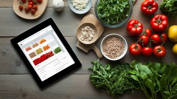 Keto Meal Prep Guide: 19 Quick Ideas and Time-Saving Hacks 9 A tablet displaying a recipe app placed on a table surrounded by fresh vegetables and ingredients