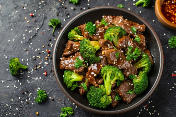 21 Keto Chinese Recipes: Enjoy Takeout Without the Carbs 10 A black bowl is filled with beef and broccoli stir-fry, garnished with sesame seeds and fresh parsley, on a dark, textured surface.