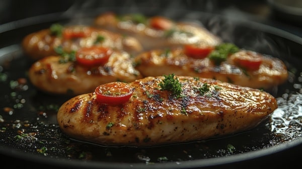 Pan Seared Chicken Breast Made Easy in Just Minutes 2 Juicy pan-seared chicken breasts topped with cherry tomato slices and herbs cooking in a skillet