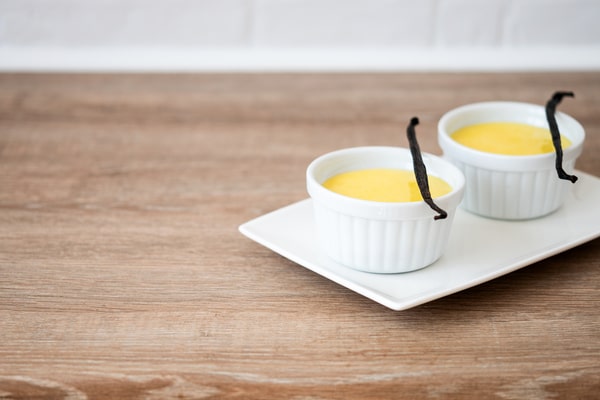 Homemade vanilla custard in ramekins