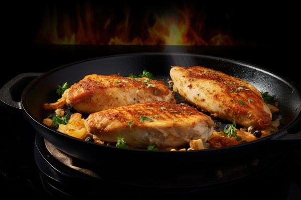 Pan Seared Chicken Breast Made Easy in Just Minutes 5 Three golden-brown chicken breasts cooking in a skillet with herbs and vegetables over a flame