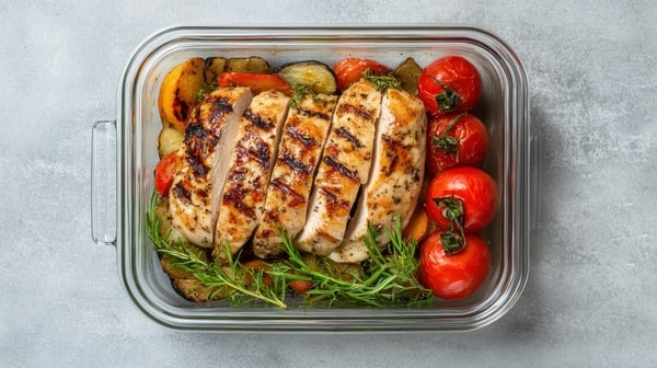 Pan Seared Chicken Breast Made Easy in Just Minutes 9 Sliced chicken breast served with roasted vegetables and cherry tomatoes in a glass dish